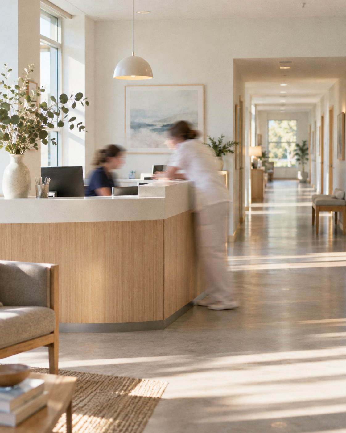A clinic reception desk in daylight, one colleague asking another something