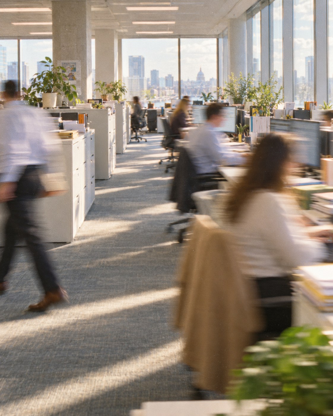The back office of an insurance company in daylight, people at work, blurred by motion