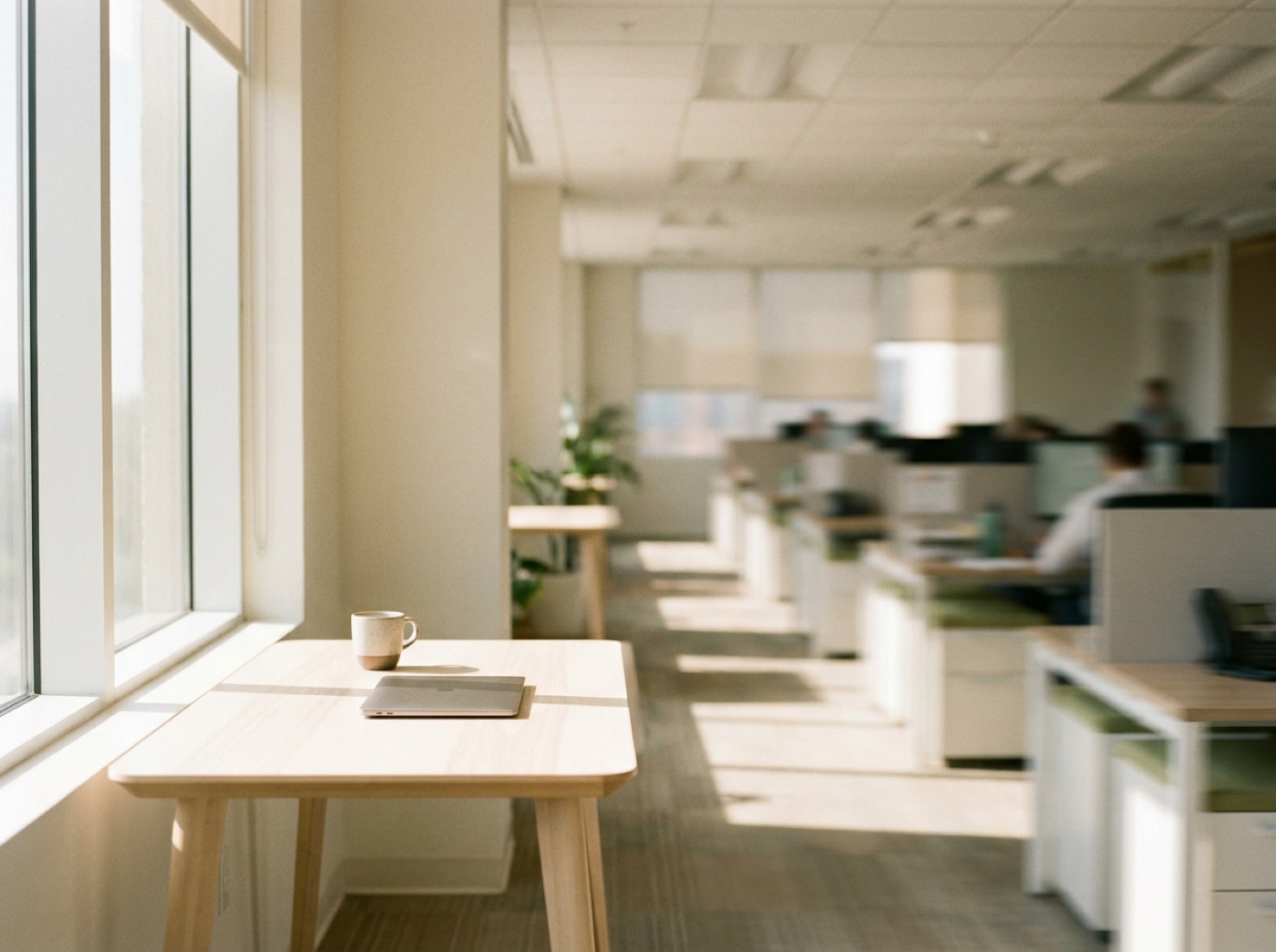 A quiet, sunlit office with an empty desk by the window